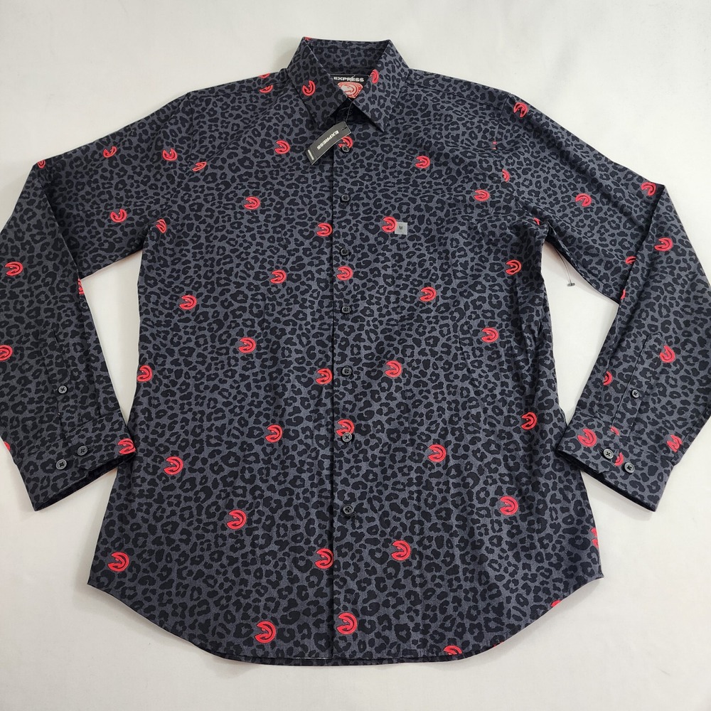 EXPRESS Shirt Adult sz M 15-15.5 Slim Cotton NBA Atlanta Hawks Leopard $69 Mens